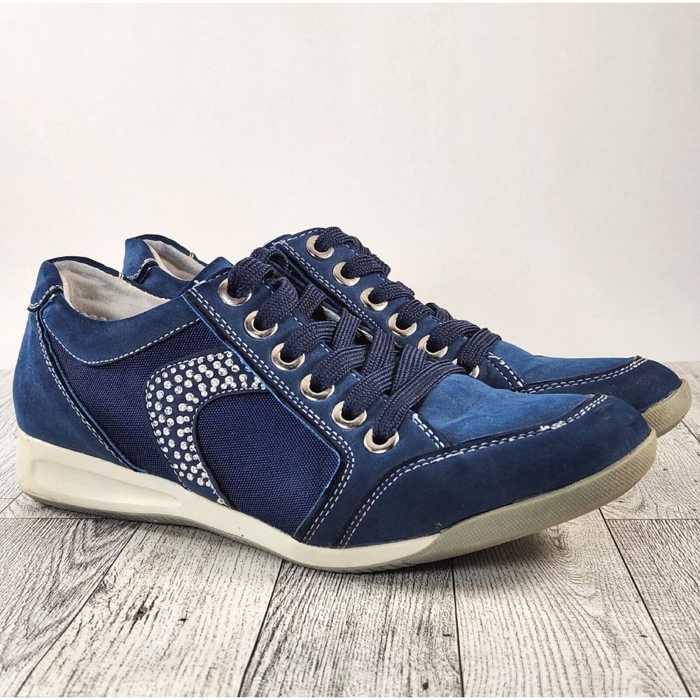 MYSTIKARMA Womens Casual Shoes Size 5-5.5 (36) Blue Leather/Canvas w/Rhinestones